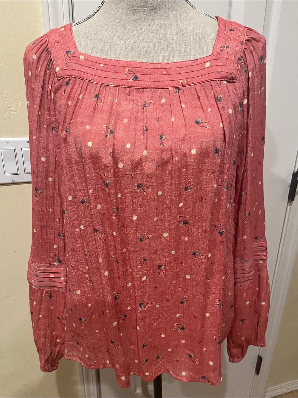 LC Lauren Conrad Coral Pink Cherry Print Square Neck Blouse